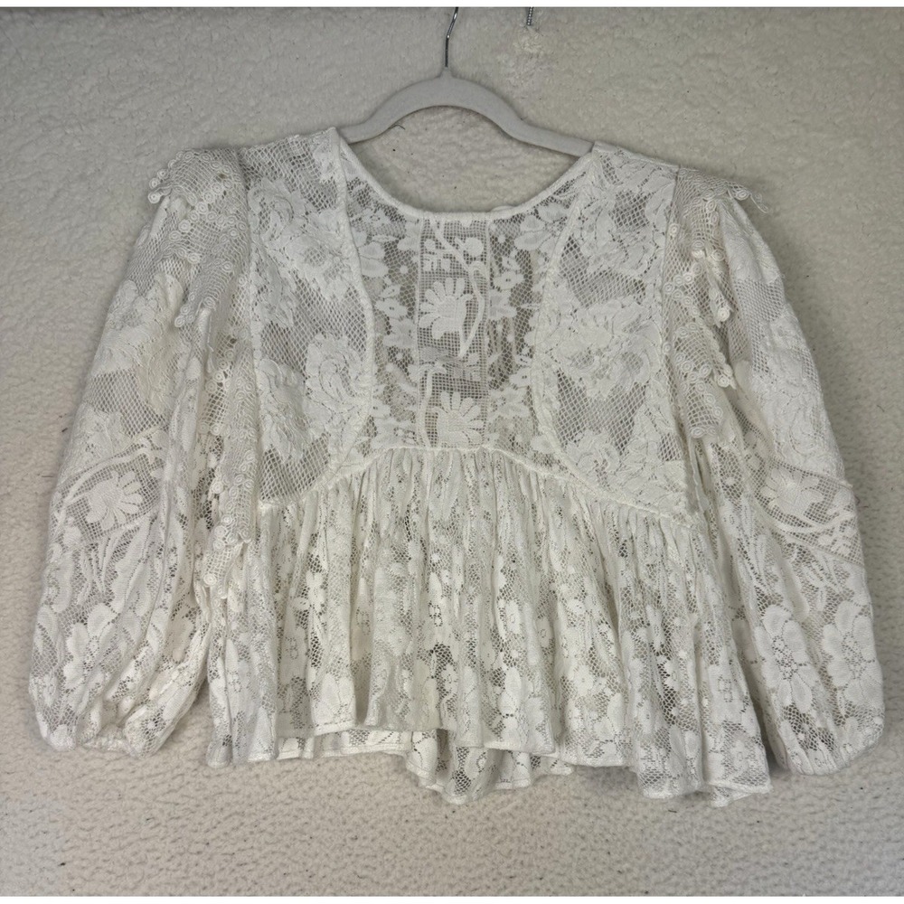 Forever That Girl Blouse Womens XXS White Sheer Lace Tunic Puff Ruffle Babydoll